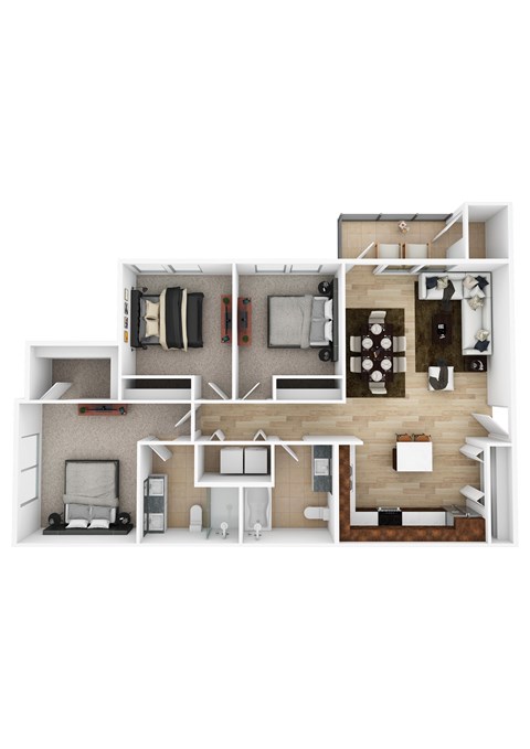 A floor plan of a house with a kitchen, living room, and bedrooms.